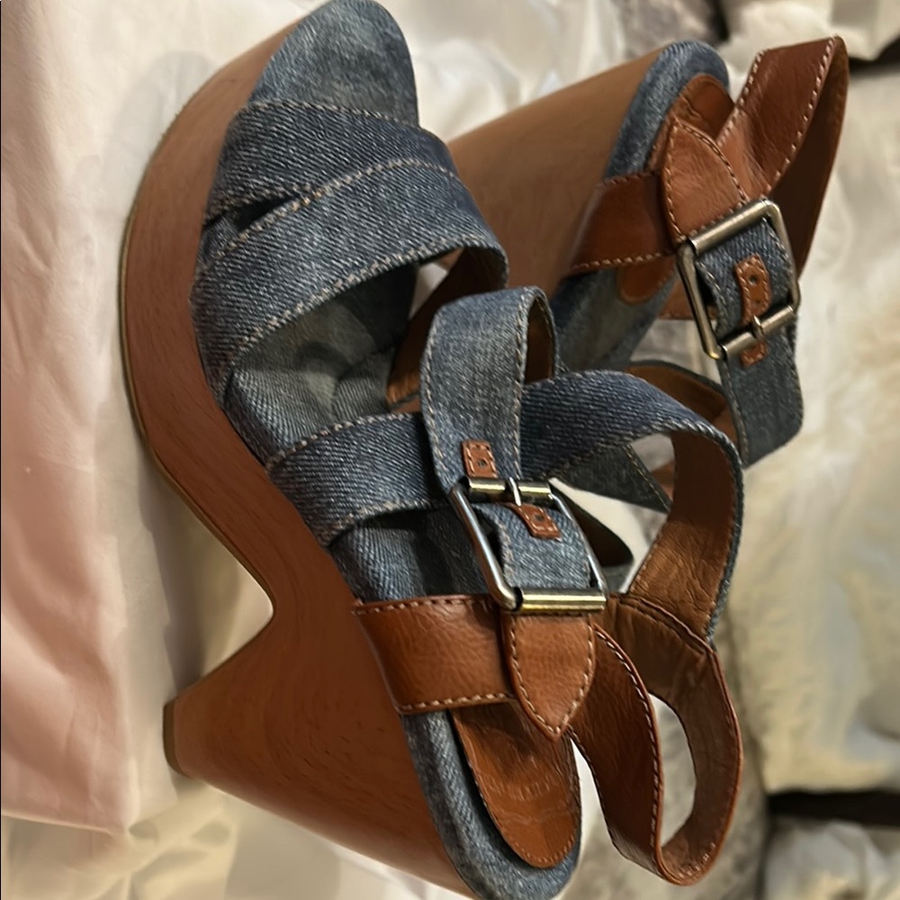 Stylish Denim and Brown Wedge Sandals